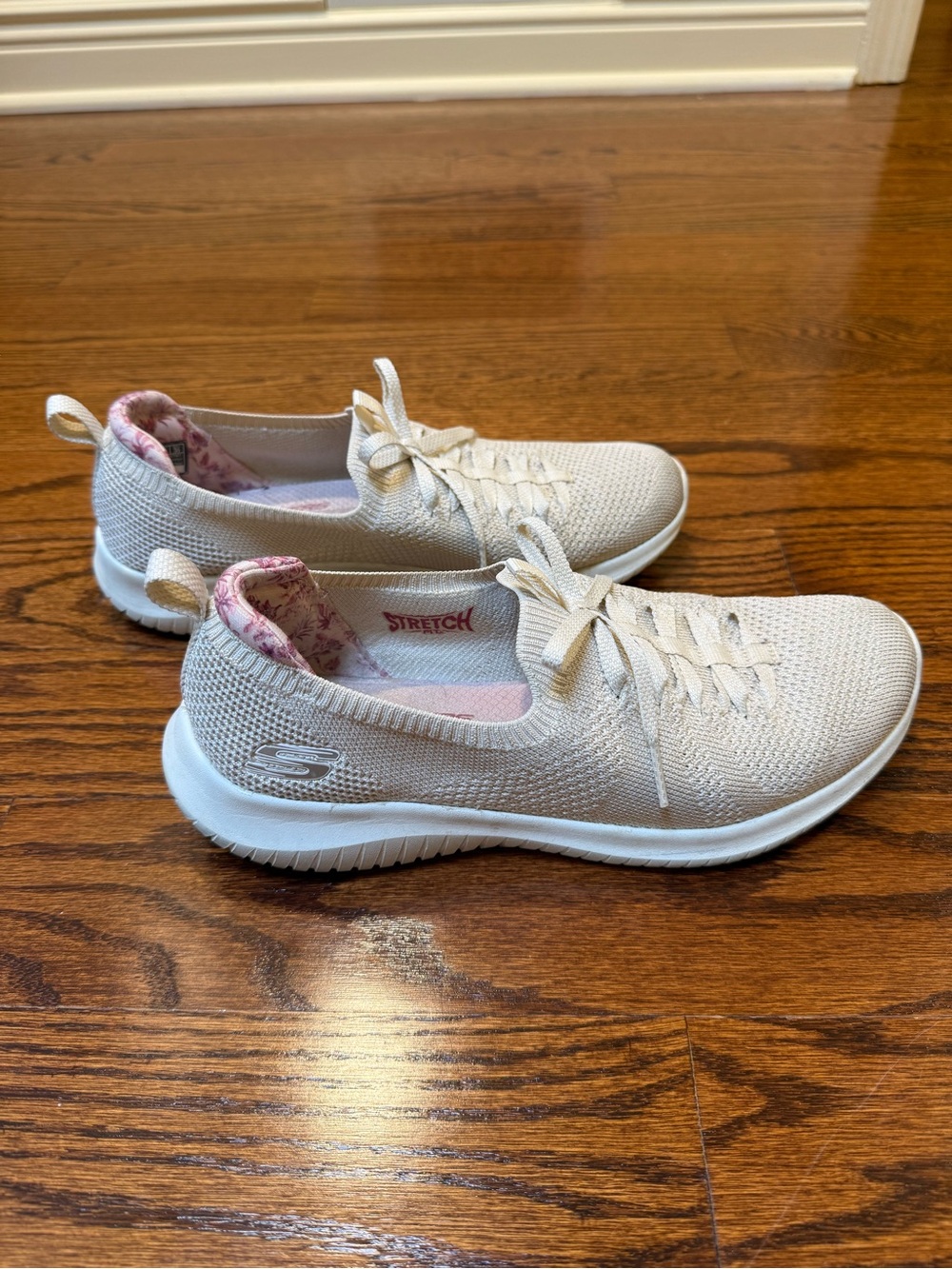 Skechers Cream Knit Slip-On Sneakers with Pink Lining